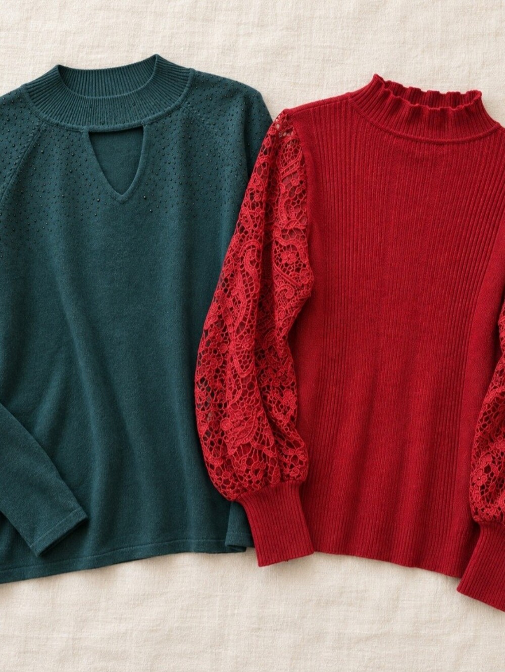 Cable & Gauge Teal Keyhole Sweater & Red Lace-Sleeve Turtleneck In M